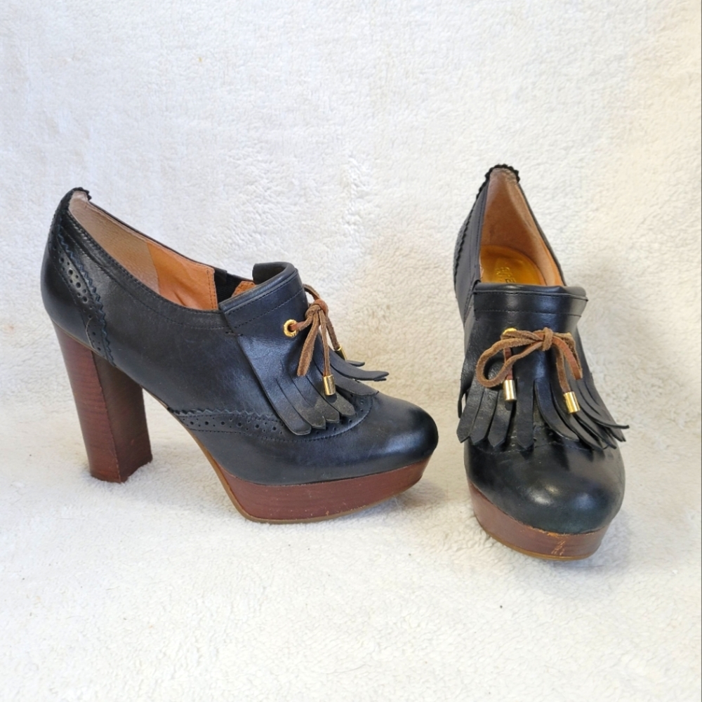 Black Sperry Heels Leather McKenna Platform Oxford Tassel Fringe Loafer Vintage